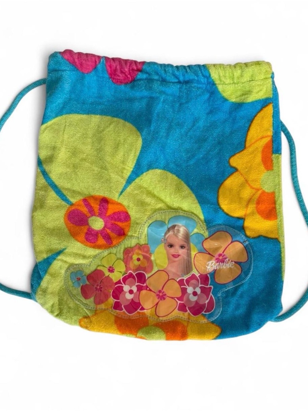 Rare Y2K Barbie Turquoise Floral Drawstring Bag with Lime and Yellow Accents